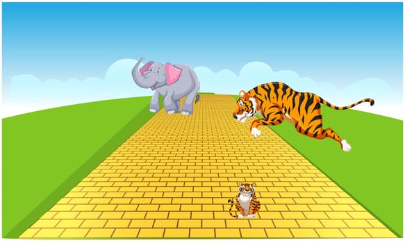animals are running on a golden road in a garden