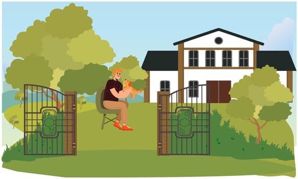 man is playing with his dog in a garden