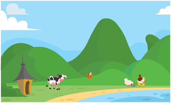 animals are grazing grass near the river