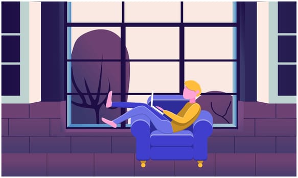 boy is sitting on a chair and working on laptop at home
