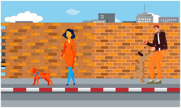 girl and a boy walking with their dog on the road
