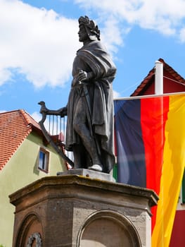 Monument of Wolfram von Eschenbach in Wolframs-Eschenbach Market Square Poet Knight Minnesinger Poet Parzival Middle Ages Harp Flag Germany German History Middle Franconia Franconia Bavaria famous