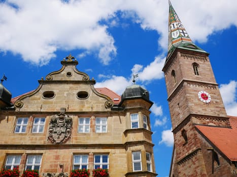 Wolframs-Eschenbach Liebfrauenmünster Church Teutonic Order Castle Erker Tower Clock Sandstone Franconia Middle Franconia Bavaria Germany Church tower glazed ceramics Brick Coat of arms coloured Middle Ages 1468