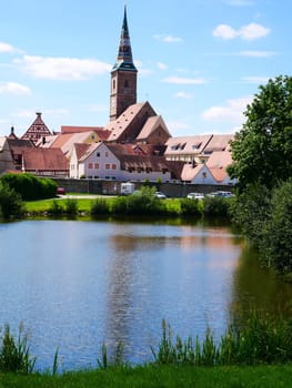 Wolframs-Eschenbach Liebfrauenmünster Church Cityscape Pond Schießweiher Ort City View Trees green Roof Roofs Sandstone Franconia Middle Franconia Bavaria Parking lot Church tower Ziegel Recreation 9163