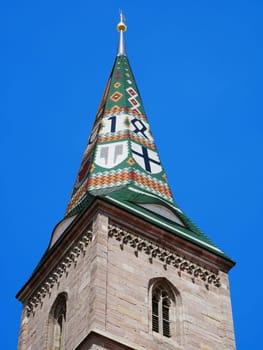 Wolframs-Eschenbach Liebfrauenmünster Church Helmet pointed roof Franconia Middle Franconia Bavaria Germany Church tower glazed ceramics Bricks Coat of arms coloured Europe Gothic 1468