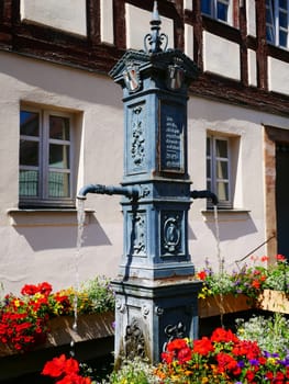 Historic fountain Windsbach Cityscape Location Town view Small town Coat of arms Water Flowers Summer Townscape Eisen Franken Middle Franconia Bavaria Local recreation Excursion 91575
