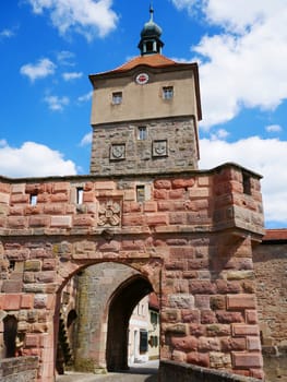 Upper Gate Wolframs-Eschenbach Sandstone Franconia Middle Franconia City Gate Onion Dome Hood Bavaria Germany Church tower Glazed ceramics Bricks Coat of arms Middle Ages