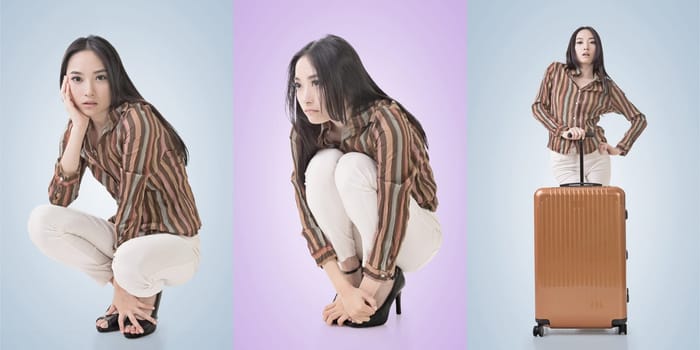 Travel concept with Asian beauty with a luggage in a set.