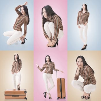 Travel concept with Asian beauty with a luggage in a set.