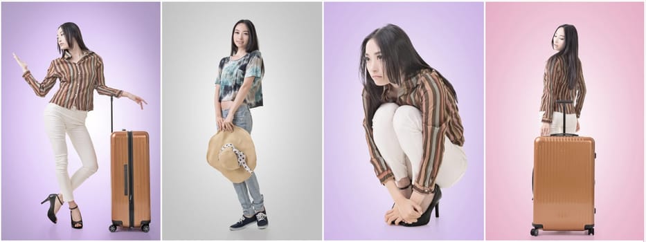 Travel concept with Asian beauty with a luggage in a set.