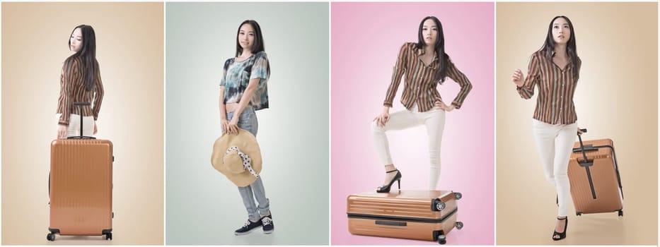 Travel concept with Asian beauty with a luggage in a set.