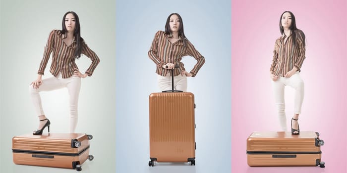 Travel concept with Asian beauty with a luggage in a set.