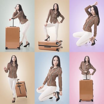 Travel concept with Asian beauty with a luggage in a set.