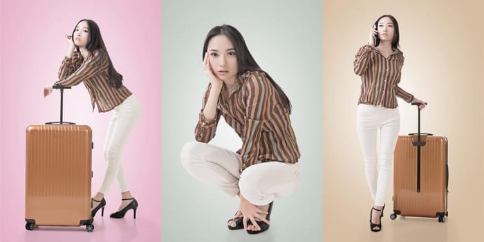 Travel concept with Asian beauty with a luggage in a set.