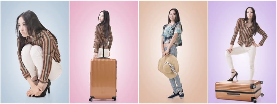 Modern Asian woman stand with a luggage.