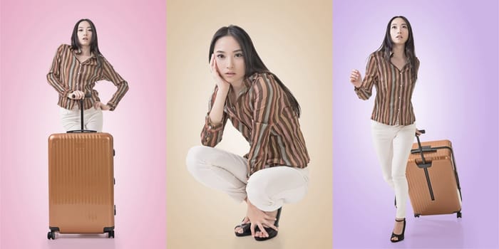 Travel concept with Asian beauty with a luggage in a set.