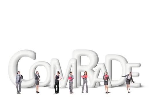 Concept of partner, friends,collaborate with group of business people stand with 3d text.