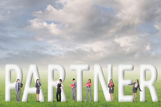Concept of partner, friends,collaborate with group of business people stand with 3d text.