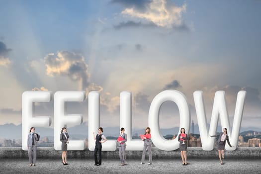 Concept of partner, friends,collaborate with group of business people stand with 3d text.