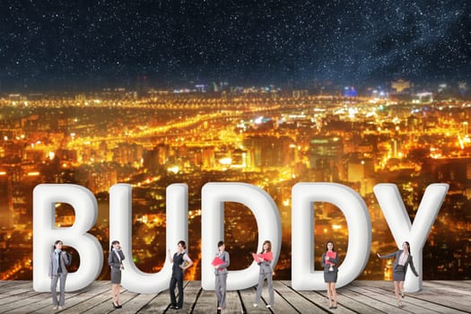 Concept of partner, friends,collaborate with group of business people stand with 3d text.