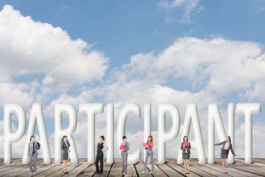 Concept of partner, friends,collaborate with group of business people stand with 3d text.