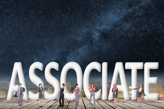Concept of partner, friends,collaborate with group of business people stand with 3d text.