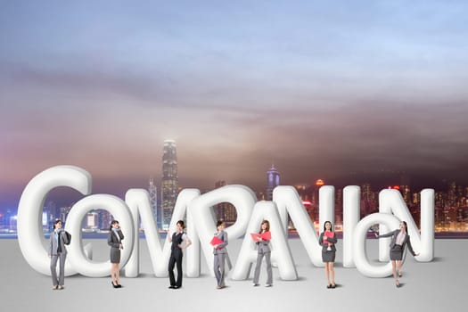Concept of partner, friends,collaborate with group of business people stand with 3d text.