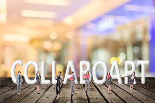 Concept of partner, friends,collaborate with group of business people stand with 3d text.