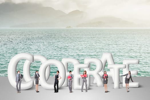Concept of partner, friends,collaborate with group of business people stand with 3d text.
