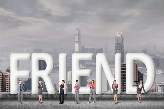 Concept of partner, friends,collaborate with group of business people stand with 3d text.