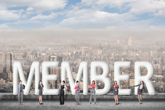 Concept of partner, friends,collaborate with group of business people stand with 3d text.