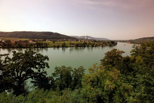 the Rhein river on the border of Switzerland and Germany at the old town of Waldshut in the Blackforest in the south of Germany in Europe.