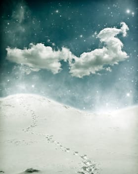 Christmas background with snowy path on the hillside