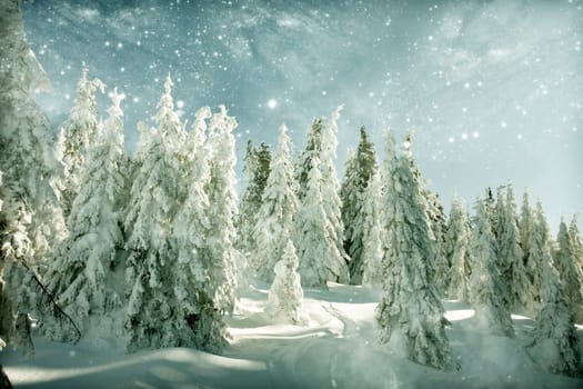 Winter landscape with snow covered hill and cloudy blue sky