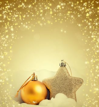 Close up on golden Christmas tree decorations and holiday lights