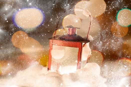 Christmas background with red lantern and snowflakes