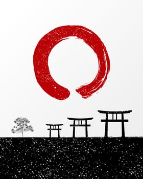 Zen brush stroke and Japan scenery illustration. EPS10 vector file organized in layers for easy editing.