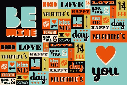 Happy Valentines Day illustration with retro vintage fonts and labels set. Ideal for greeting card, poster design, wedding invitation and wrapping paper seamless pattern. EPS10 vector layered.