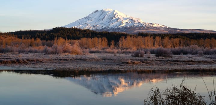 An amazing still lake scene in front of Mount Adams Washington