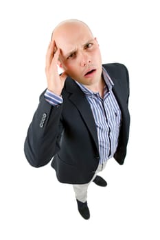casual man full body with a headache, isolated