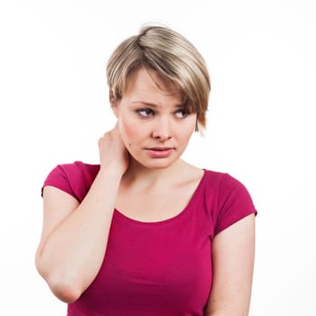 Portrait of a female looking worried, disturbed, isolated on white