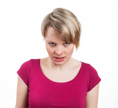 Young woman looking very angry, , isolated on white