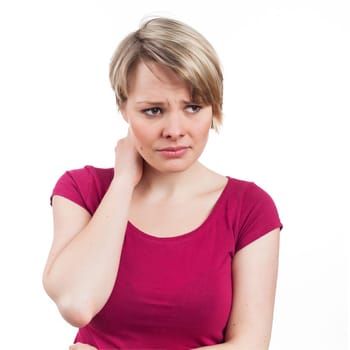 Portrait of a woman looking worried or in pain, isolated on white