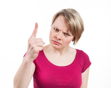 Young woman scolding somebody, isolated on white