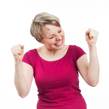 Young woman expressing her happiness, isolated on white