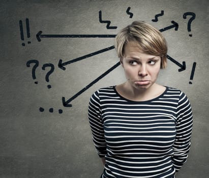 Illustration of a young woman in doubt, confusion concept