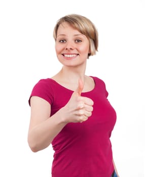 Young woman showing her thumb up in a confident attitude, isolated on white