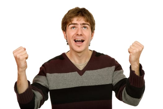 happy young man with arms isolated on white