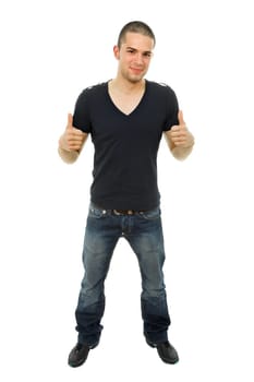 young casual man full body going thumbs up