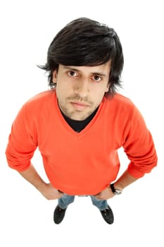young casual man full bofy, looking up, isolated on white.